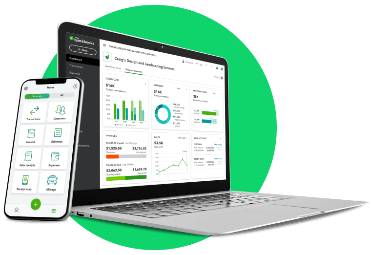 QuickBooks Online on a laptop and phone — the same books on every device